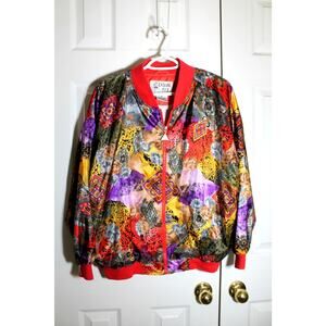 Casual Isle Vintage Scarf Print Satin Bomber Jacket sz S Petite